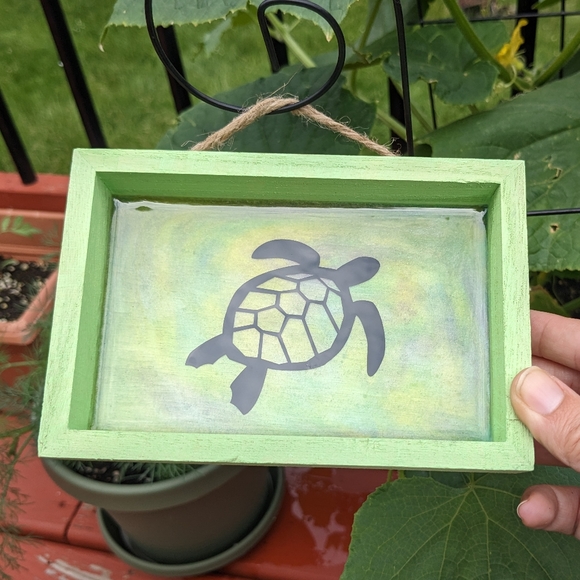 Turtle Wall Hanging Resin Handmade Green Art Wood Shadowbox Canvas Turtles - Picture 5 of 8